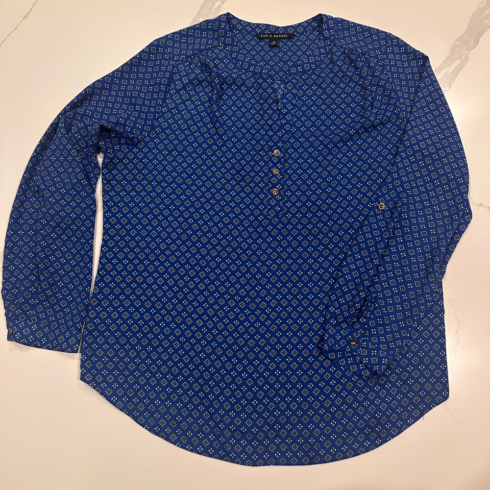 Zac & Rachel Blue Geometric Print Roll Tab Sleeve Blouse XL